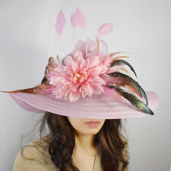 COPY - Pink Feather flower kentucky derby hat wide brim